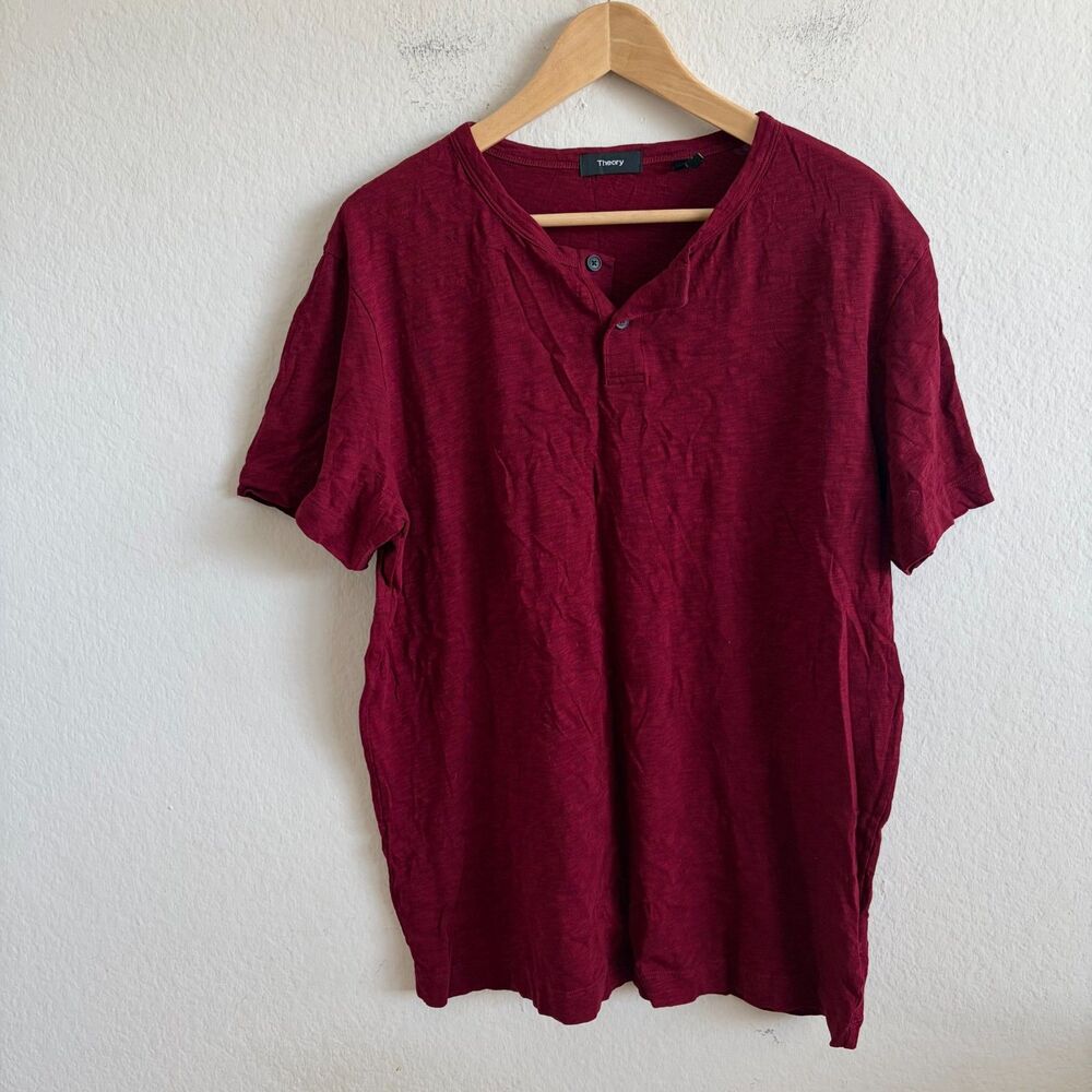 THEORY Gaskell Anemone 100% Cotton Dark Red Henley Short Sleeve Shirt Mens XL